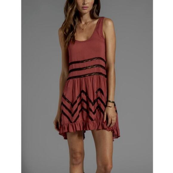 Free People Slip Dress Voile Trapeze Boho Rust Polka Dot Lace Sheer Size Small - Picture 1 of 12